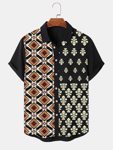 Camisas de manga corta con solapa y patchwork con estampado geométrico étnico para hombre Planta - ChArmkpR - Modalova
