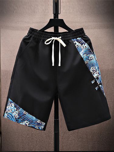 Pantalones cortos con cordón en la cintura y bolsillos laterales con patchwork y estampado de ondas para hombre - ChArmkpR - Modalova