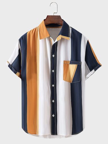 Mens Block Striped Chest Pocket Lapel Casual Short Sleeve Shirts - ChArmkpR - Modalova