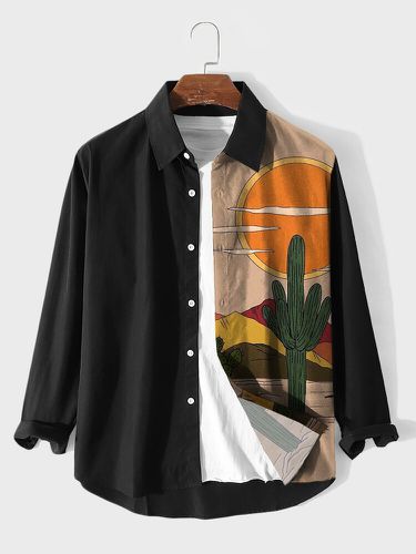 Mens Cactus Landscape Print Patchwork Casual Long Sleeve Shirts Winter - ChArmkpR - Modalova