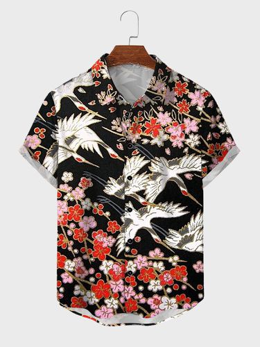 Mens Japanese Floral Crane Print Lapel Short Sleeve Shirts - ChArmkpR - Modalova
