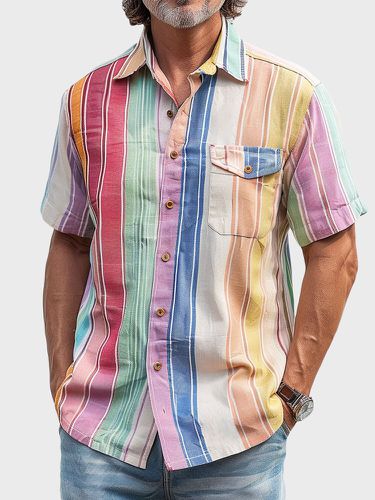 Mens Striped Chest Pocket Lapel Collar Casual Shirts - ChArmkpR - Modalova