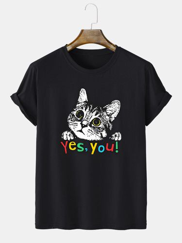 Mens Cartoon Cat Letter Print Crew Neck Short Sleeve T-Shirts Winter - ChArmkpR - Modalova