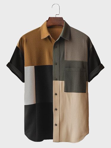 Mens Color Block Patchwork Chest Pocket Lapel Short Sleeve Shirts - ChArmkpR - Modalova