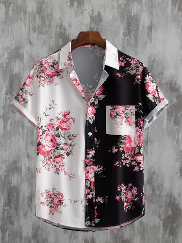 Mens Floral Print Patchwork Lapel Collar Casual Short Sleeves Shirts - ChArmkpR - Modalova