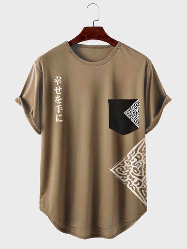 Mens Japanese Geometric Pattern Print Curved Hem T-Shirts - ChArmkpR - Modalova