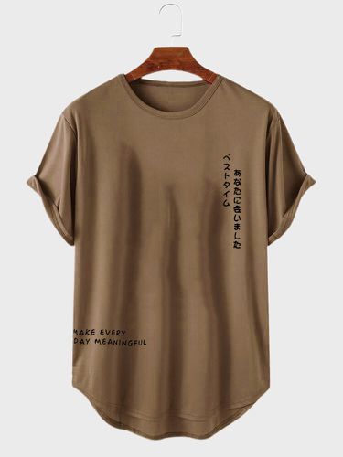 Mens Japanese Letter Print Curved Hem Casual Short Sleeve T-Shirts - ChArmkpR - Modalova