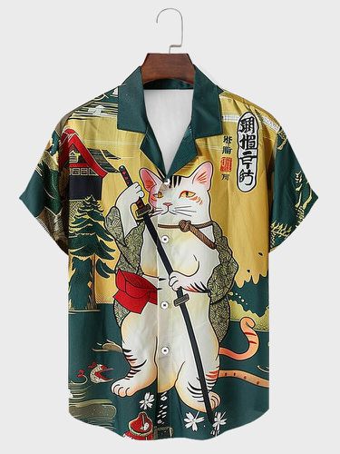 Mens Japanese Warrior Cat Print Revere Collar Short Sleeve Shirts - ChArmkpR - Modalova