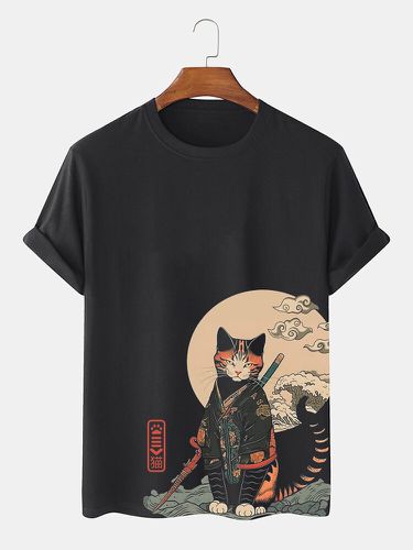 Mens Japanese Wave Cat Print Crew Neck Short Sleeve T-Shirts - ChArmkpR - Modalova