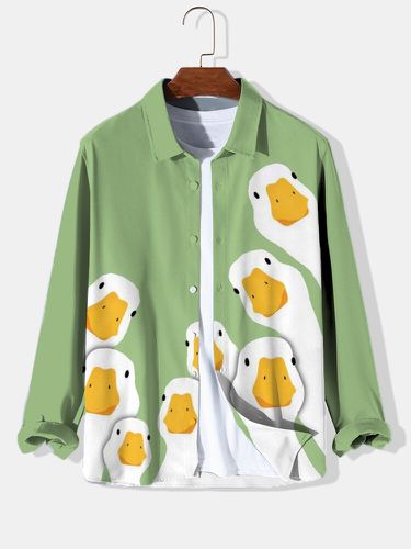 Mens Cartoon Duck Print Lapel Button Up Long Sleeve Shirts Winter - CHARMINER - Modalova