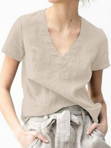 Camiseta de algodón informal de manga corta con cuello en V liso - ZANZEA - Modalova