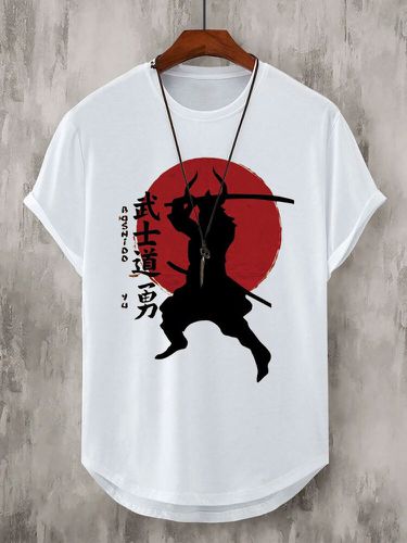 Mens Japanese Warrior Figure Print Crew Neck Curved Hem Short Sleeve T-Shirts - ChArmkpR - Modalova