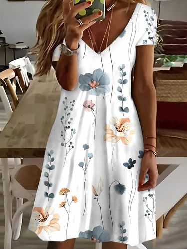 Women Allover Floral Plant Print V-Neck Short Sleeve Dress - ZANZEA - Modalova