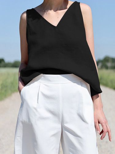 Camiseta sin mangas de algodón informal sin mangas con cuello en V sólido para Mujer - ZANZEA - Modalova