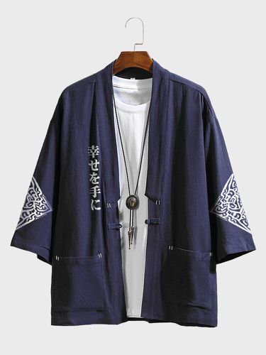 Mens Open Front Japanese Geometric Print Half Sleeve Kimono - ChArmkpR - Modalova