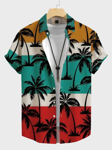 Mens Coconut Tree Print Color Block Vacation Short Sleeve Shirts - ChArmkpR - Modalova