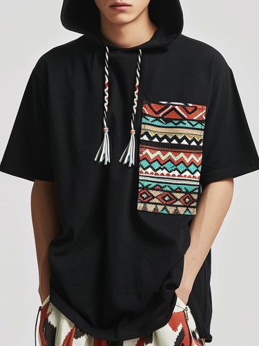 Mens Patchwork Ethnic Pattern Hooded Short Sleeve T-Shirts - ChArmkpR - Modalova