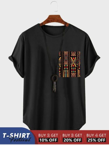 Mens Colorful Ethnic Geometric Print Curved Hem Short Sleeve T-Shirts - ChArmkpR - Modalova
