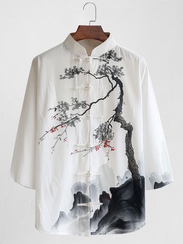 Mens Chinese Landscape Print Stand Collar Frog Button Shirts - ChArmkpR - Modalova