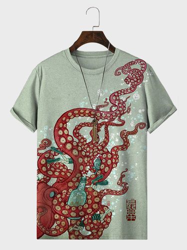Mens Octopus Print Crew Neck Short Sleeve T-Shirts - ChArmkpR - Modalova