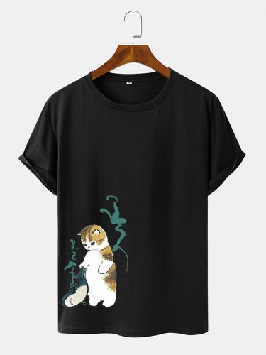 Mens Cartoon Cat & Whale Print Cotton Casual Short Sleeve T-Shirts - ChArmkpR - Modalova