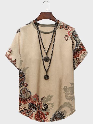 Camisetas de manga corta con dobladillo curvado y estampado floral étnico para hombre Cuello - ChArmkpR - Modalova