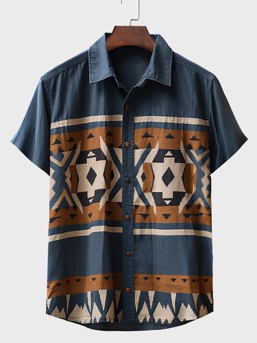 Mens Ethnic Geometric Print Patchwork Button Up Short Sleeve Shirts - ChArmkpR - Modalova