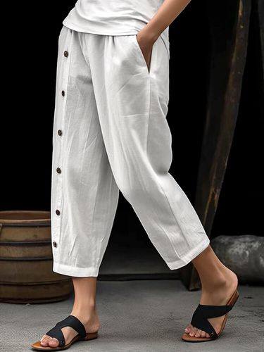 Women Solid Button Design Cotton Casual Cropped Pants - ZANZEA - Modalova
