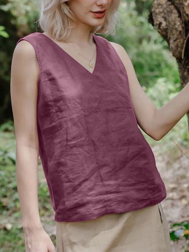 Camiseta sin mangas informal sin mangas con cuello en V liso para Mujer - ZANZEA - Modalova