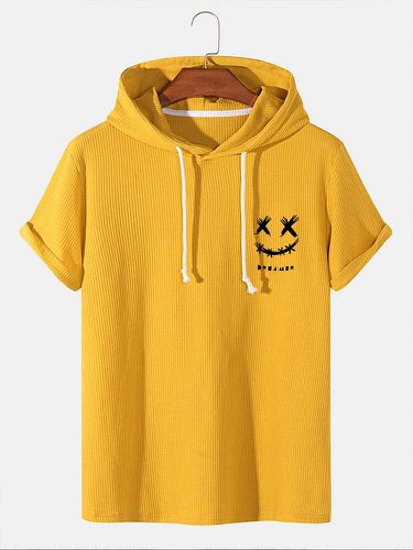 Mens Smile Face Print Corduroy Casual Short Sleeve Hooded T-Shirts - ChArmkpR - Modalova