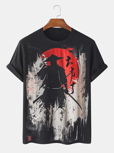 Mens Japanese Ninja Figure Painting Print Crew Neck Casual T-Shirts - ChArmkpR - Modalova