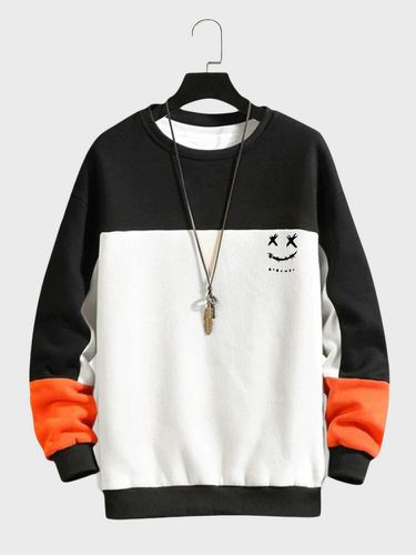 Mens Smile Face Print Color Block Patchwork Pullover Sweatshirts Winter - ChArmkpR - Modalova