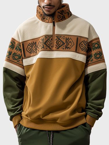 Mens Ethnic Geometric Pattern Patchwork Half Zip Pullover Sweatshirts - ChArmkpR - Modalova