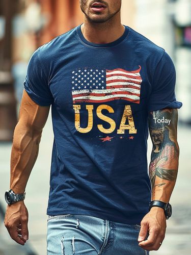 Mens American Flag Letter Star Print Crew Neck Short Sleeve T-Shirts - ChArmkpR - Modalova
