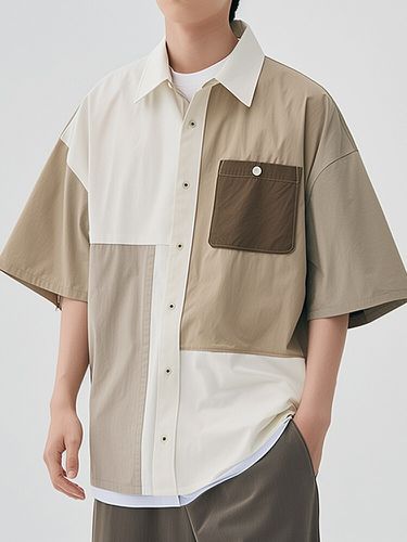 Mens Color Block Patchwork Chest Pocket Lapel Collar Casual Shirts - ChArmkpR - Modalova