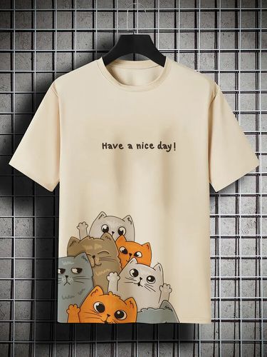 Dibujos animados para hombre Gato Equipo con estampado de eslogan Cuello Camisetas casuales de manga corta Invierno - ChArmkpR - Modalova
