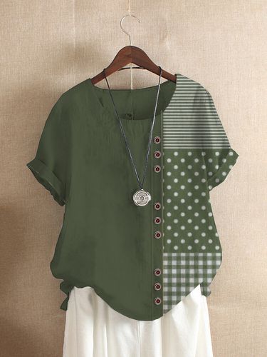 Blusa de manga corta con detalle de botones y patchwork de mezcla de lunares para mujer - ZANZEA - Modalova
