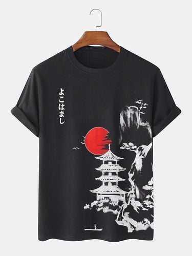 Mens Japanese Landscape Graphic Crew Neck Short Sleeve T-Shirts - ChArmkpR - Modalova