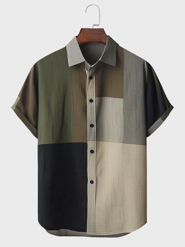 Mens Color Block Patchwork Lapel Casual Short Sleeve Shirts - ChArmkpR - Modalova