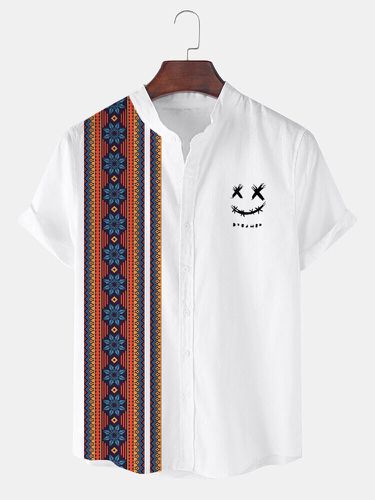 Mens Ethnic Floral Geometric Smile Print Patchwork Short Sleeve Shirts - ChArmkpR - Modalova