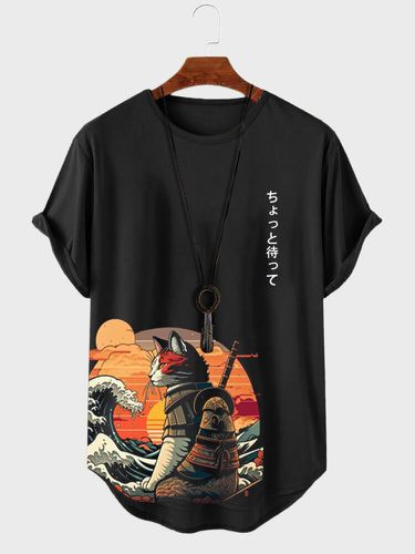 Mens Japanese Cat Print Curved Hem Short Sleeve T-Shirts - ChArmkpR - Modalova