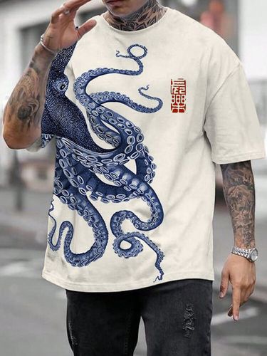 Mens Octopus Print Crew Neck Short Sleeve Casual T-Shirts - ChArmkpR - Modalova