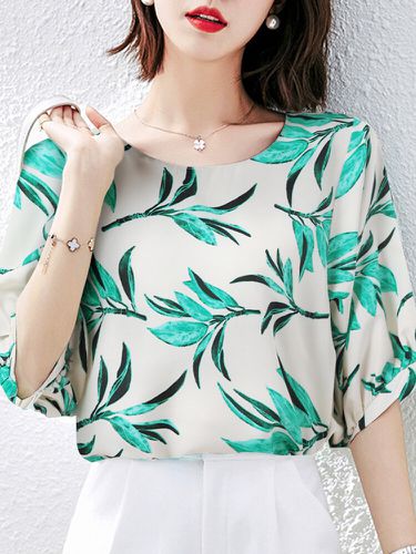 Blusa de media manga con estampado de plantas Cuello para Mujer - Celmia - Modalova