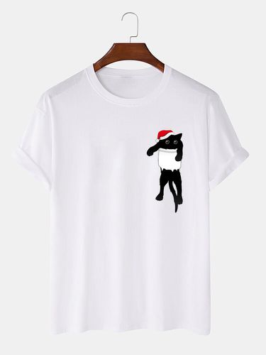Camisetas casuales de manga corta con estampado de pecho para hombre Navidad Sombrero Gato - ChArmkpR - Modalova