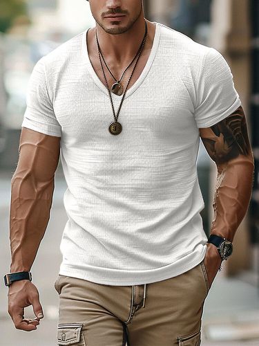 Camisetas de manga corta cómodas con cuello en V sólido informal para hombre - ChArmkpR - Modalova