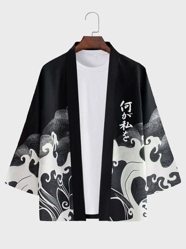 Kimono de manga 3/4 suelto con frente abierto y estampado de ondas japonesas para hombre - ChArmkpR - Modalova