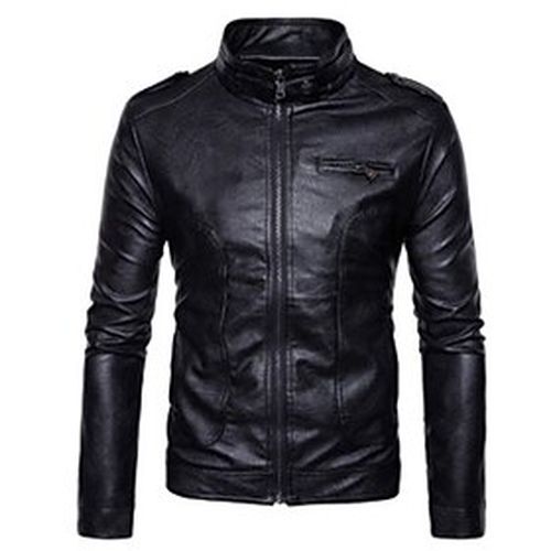 Men's Faux Leather Jacket Streetwear Daily Coat Short PU Black Khaki Fall Winter Stand Collar S M L XL XXL / Long Sleeve - Ador.com UK - Modalova
