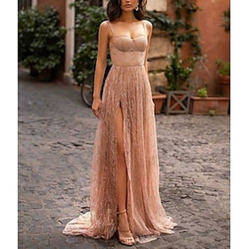 Women's Maxi long Dress Strap Dress Beige Sleeveless Split Mesh Patchwork Solid Color Strapless cold shoulder Spring Summer Party Elegant Formal Prom Dress 202 - Ador.com UK - Modalova