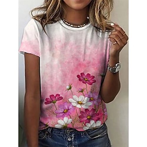 Women's Casual Daily T shirt Tee Floral Short Sleeve Floral Plants Round Neck Print Basic Tops Rainbow S / 3D Print - Ador.com UK - Modalova
