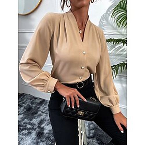 Women's Blouse Shirt Beige Button Plain Work Long Sleeve V Neck Streetwear Casual Regular S - Ador ES - Modalova